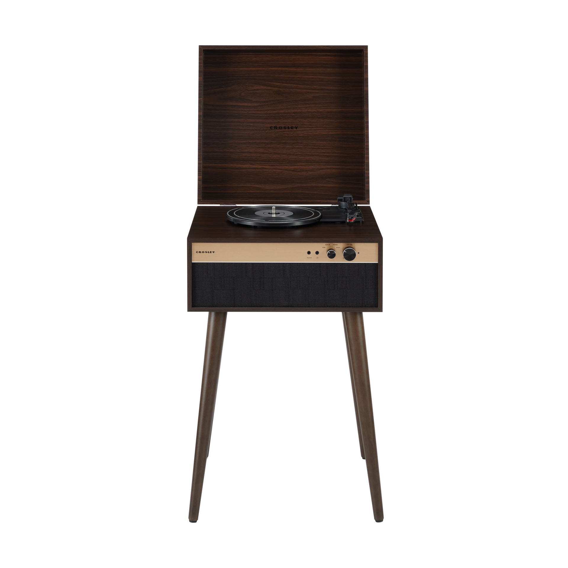 Crosley Jasper Walnut | Gira-Discos 3 Velocidades com Altifalantes e Bluetooth Gira-discos retro de madeira e metal com tampa aberta e pernas compridas