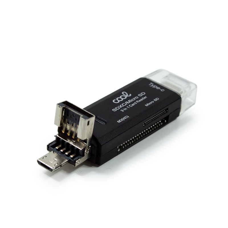 Adaptador COOL 3 en 1 (Tipo-C / Micro-USB / USB) Leitor de cartões preto 3 em 1 com tampa plástica