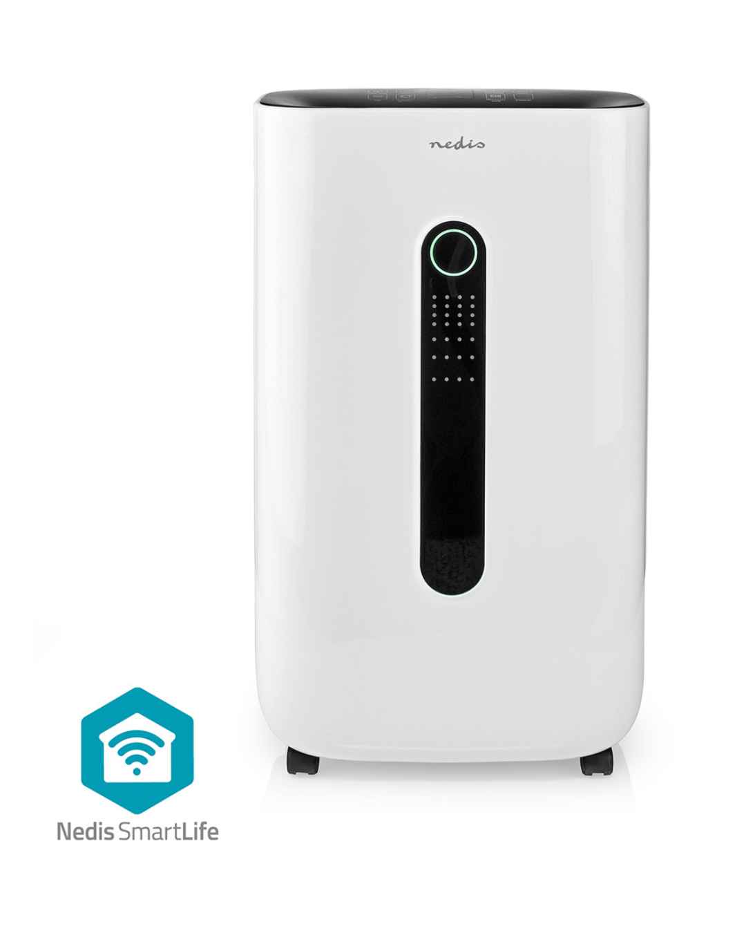 Desumidificador SmartLife Wi-Fi | 20 l/dia | Desumidificação / Contínua / Secagem de roupa / Ventilação | Android™ / IOS Desumidificador branco da marca nedis com painel frontal preto, botão iluminado e rodas