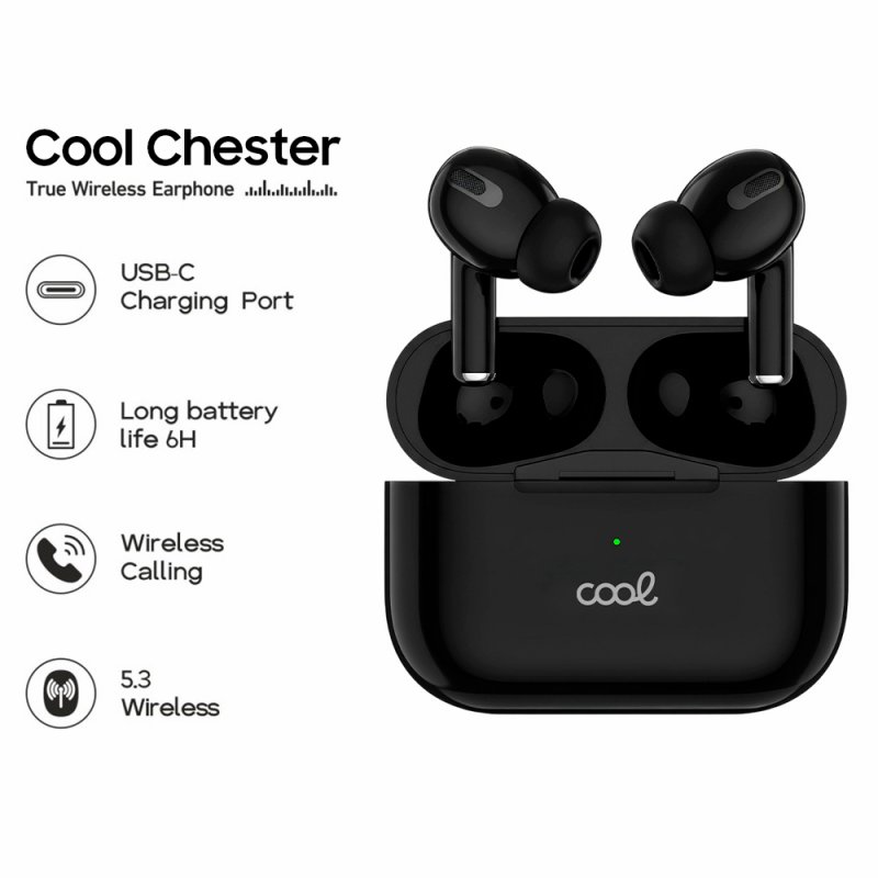 Auriculares estéreo Bluetooth COOL Chester Preto Auriculares True Wireless pretos Cool Chester com estojo e texto de características