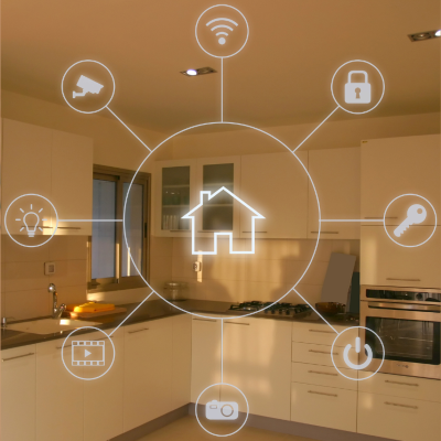 Cozinha moderna branca com ícones de funcionalidades domóticas sobrepostos
