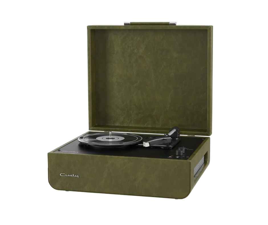 Crosley | Mercury Forest Green Gira-discos verde oliva Crosley com tampa aberta