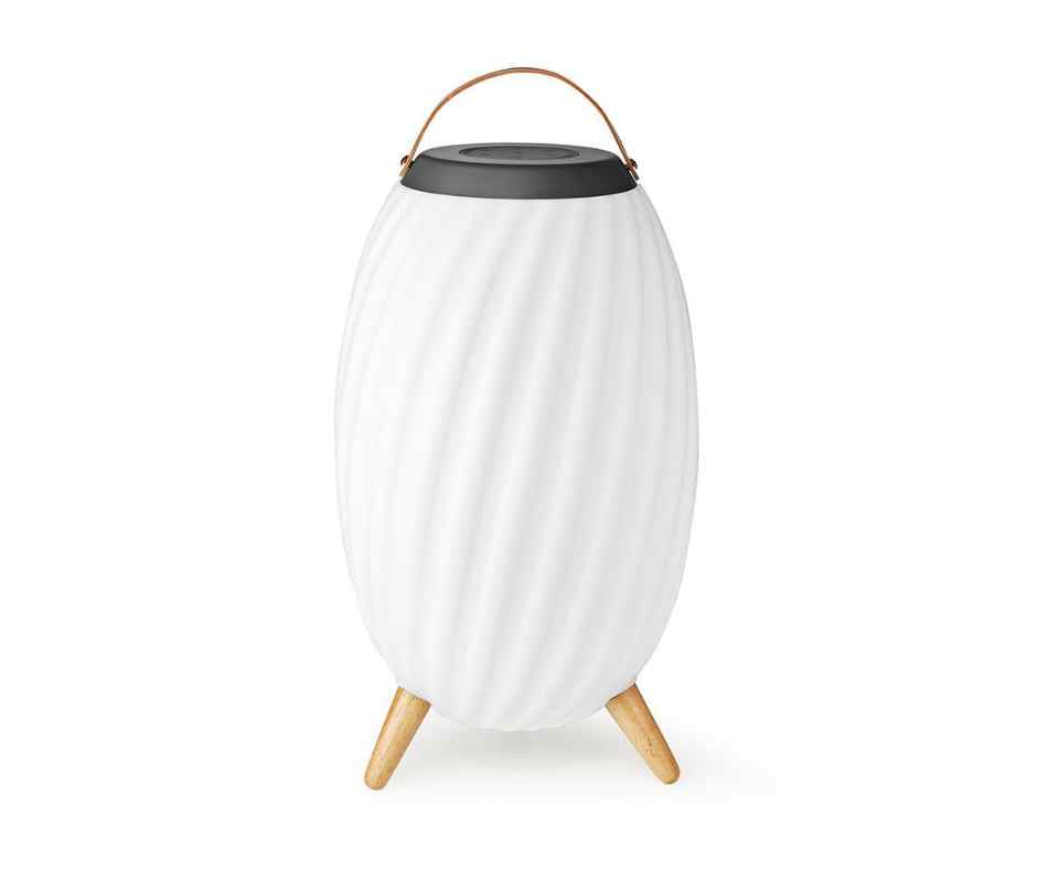 Altifalante Bluetooth com luz ambiente Coluna de som portátil branca com textura ondulada e base de madeira