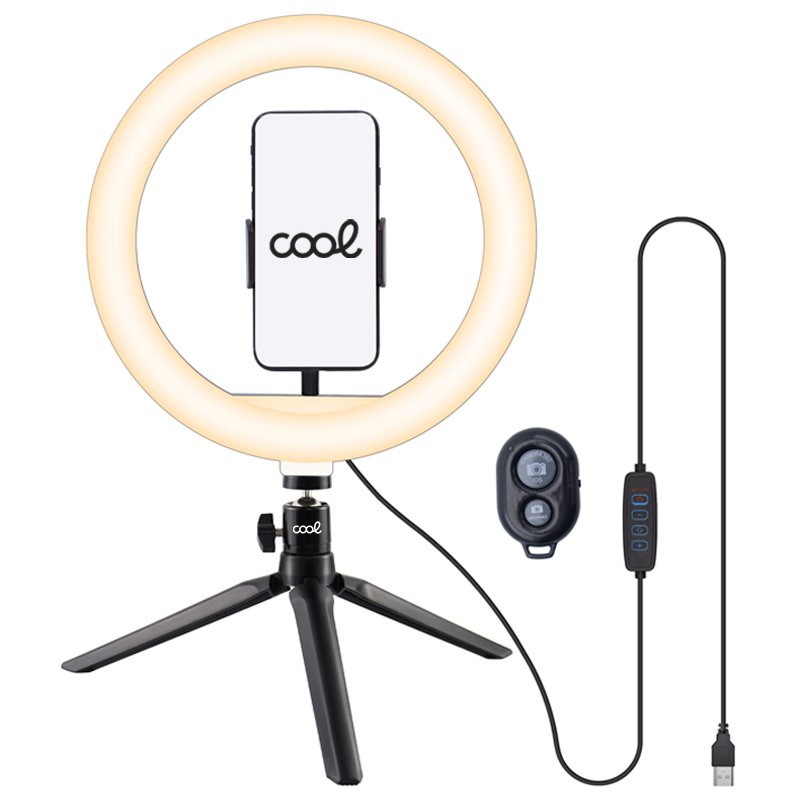 Anel de Luz LED COOL com Suporte de Mesa 50 cm + Controlo Bluetooth | Iluminação Profissional Compacta Anel de luz LED com suporte e telecomando para telemóvel