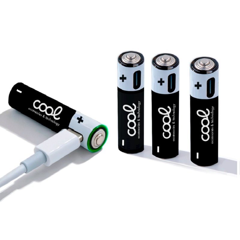 Pilhas Alcalinas Recarregáveis COOL AAA LR03 (Pack 4 u.) Pilhas pretas e brancas com texto cool e sinais de polaridade, uma ligada a cabo branco
