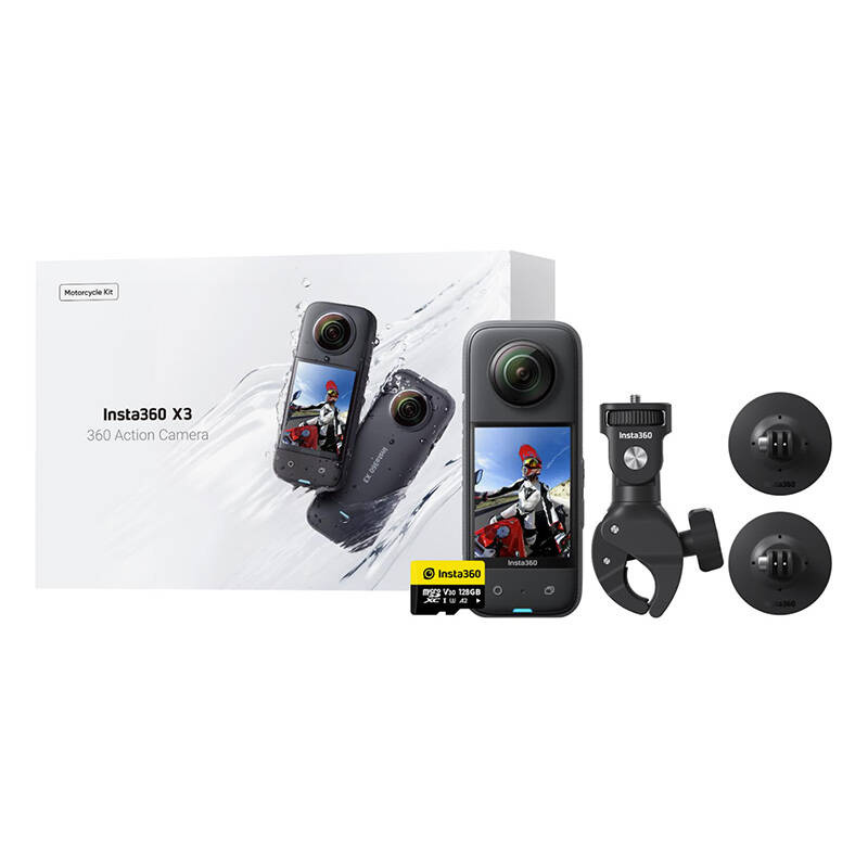 Conjunto Insta360 X3 Edição Motocicleta Kit Insta360 X3 360 Action Camera com câmara preta, cartão de memória e suportes de montagem
