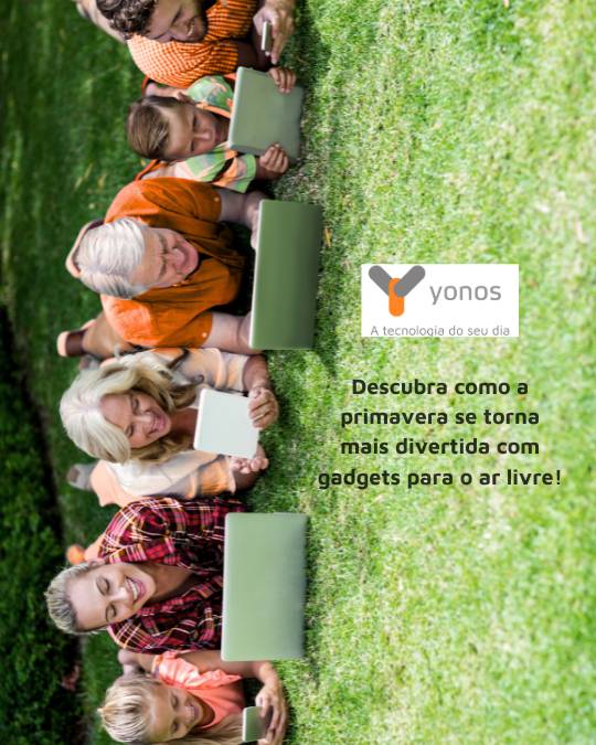 Grupo de pessoas na relva a usar tablets com texto promocional da yonos