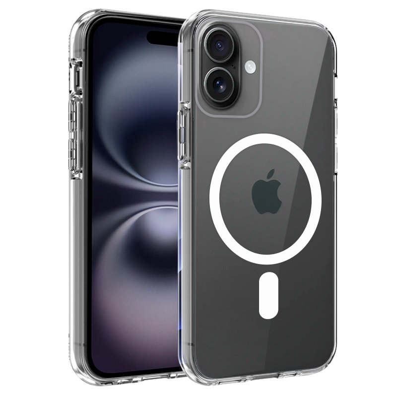 Capa COOL para iPhone 16 Magnética Transparente Smartphone preto com capa transparente e símbolo branco da Apple