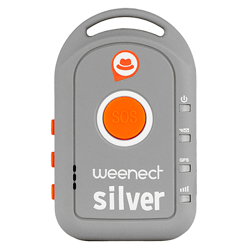 WEENECT | Localizador GPS Dispositivo cinzento com botão SOS laranja e texto 'weenect silver'