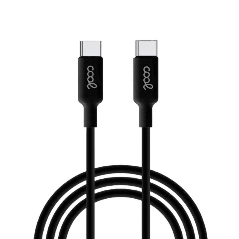 Cabo USB COOL Universal TIPO-C para TIPO-C (1 metro) Preto 3 Amp Cabo de dados USB-C preto com conetores e texto cool.