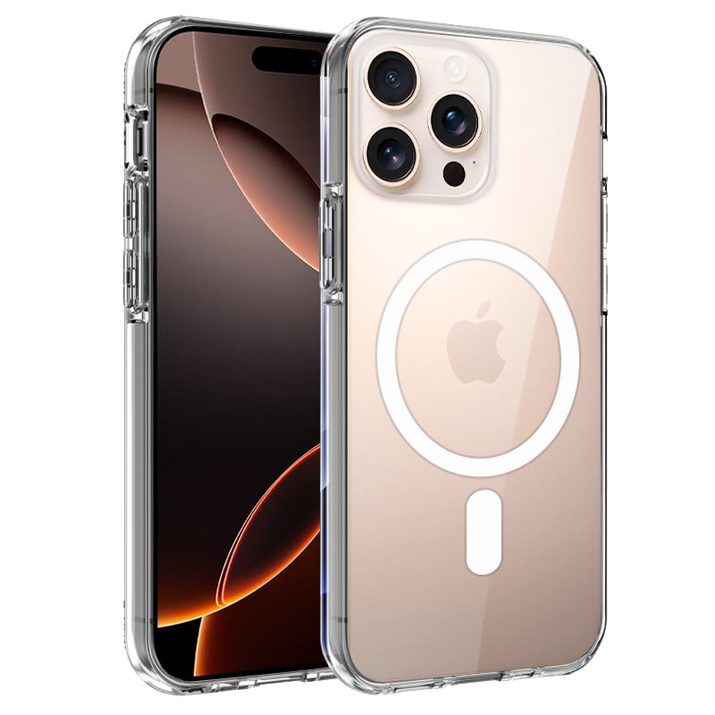 Capa COOL para iPhone 16 Pro Max Magnética Transparente Smartphone dourado com capa transparente e detalhe branco circular magnético