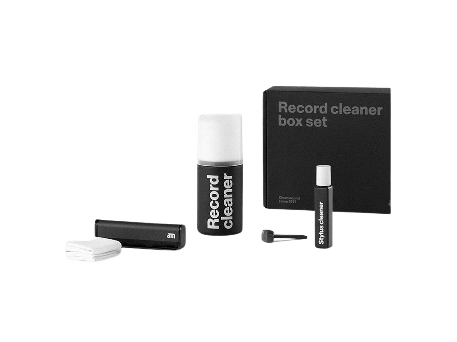 Kit Premium de Limpeza AM para Vinil – Preserve o Som Original dos Seus Discos Kit de limpeza para discos com frascos e caixa preta