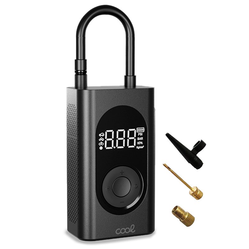 PowerBank COOL 4.000 mAh com Compressor Sem Fios – Mobilidade e Energia Sempre à Mão Bomba de ar elétrica portátil preta com visor digital e adaptadores