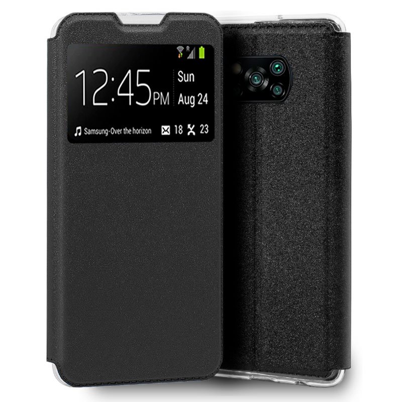 Cool | Capa Protetora Flip Cover para Xiaomi Pocophone X3 / X3 Pro Smooth Black Capa de telemóvel preta com janela frontal para notificações e câmara traseira com quatro lentes