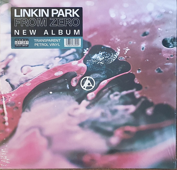 Linkin Park - From Zero (Transparent Petrol Vinyl) Capa de álbum em vinil transparente petrol com texto e padrão abstrato em roxo, rosa e azul