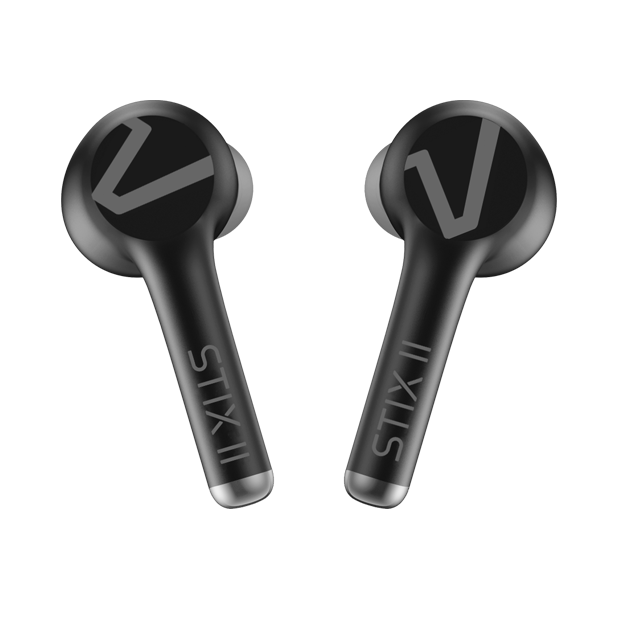 Veho | STIX II True Wireless Earphones – Black Auriculares sem fios pretos com logotipo e texto STIX II