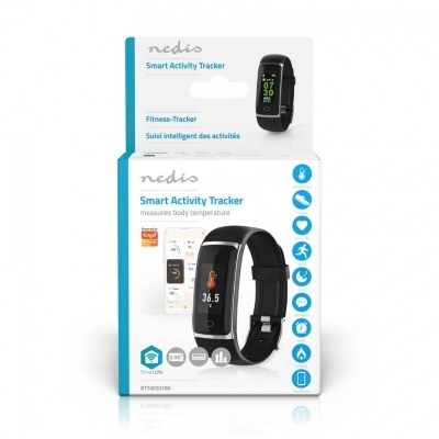 Smart Activity Tracker Nedis caixa branca com relógio desportivo preto exibindo temperatura corporal