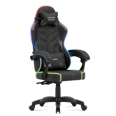 cadeira gaming preta com almofada e base giratória