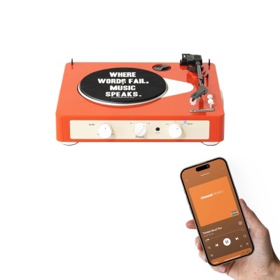 Prato giratório retro laranja com texto e smartphone a reproduzir música
