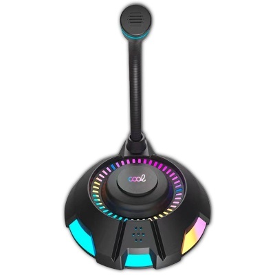 Microfone de secretária preto com base circular e luzes LED coloridas