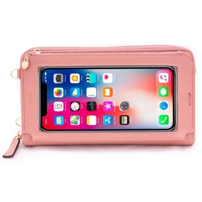 Carteira rosa com suporte transparente para smartphone