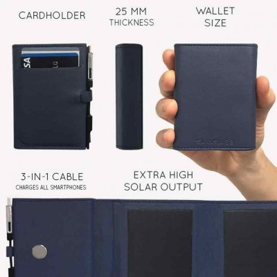 Carteira azul escuro com porta-cartões e cabo 3-in-1, texto em inglês sobre características