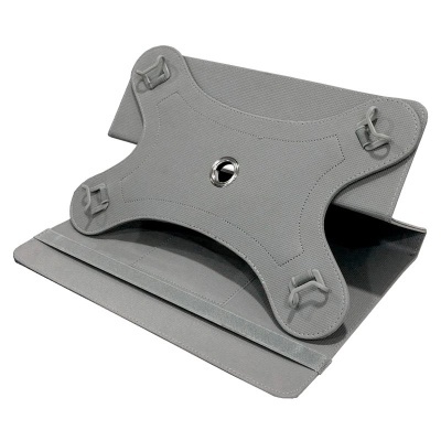 Suporte cinzenta para tablet com quatro presilhas e aba de apoio