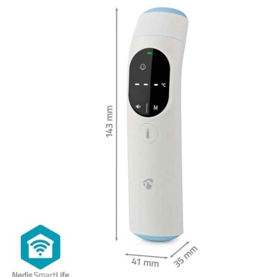 Termómetro digital branco e azul com ecrã de LCD e dimensões indicadas