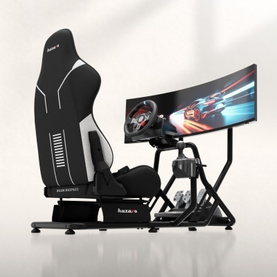 Simulador de corrida preto com volante, pedais e ecrã curvo