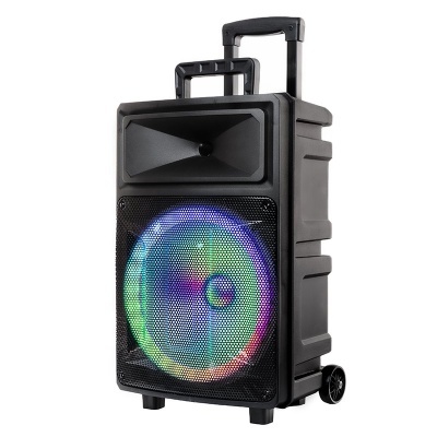 Coluna de som portátil preta com rodas e luzes LED coloridas