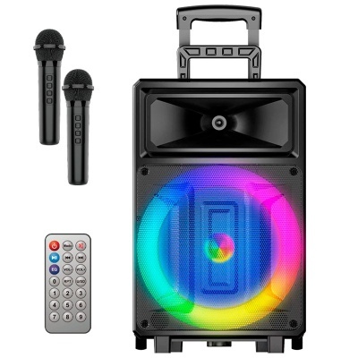 Coluna de som preta com luz LED colorida, dois microfones e comando remoto