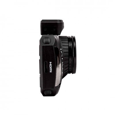 Máquina fotográfica compacta preta vista de lado com porta HDMI.