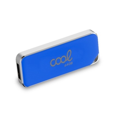 Pen USB azul com estrutura metálica prateada e capacidade de 64GB