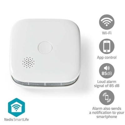Detector de fumo branco Nedis SmartLife com ícones de funcionalidades ao lado