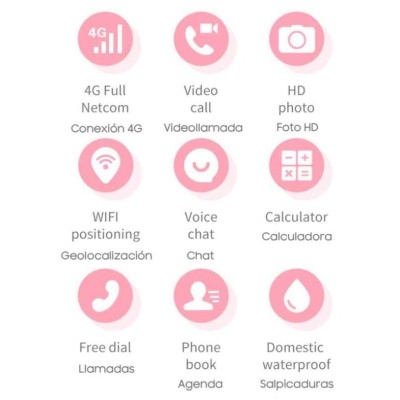 Ícones rosa com funções de um dispositivo como 4G, videochamada, foto HD e mais