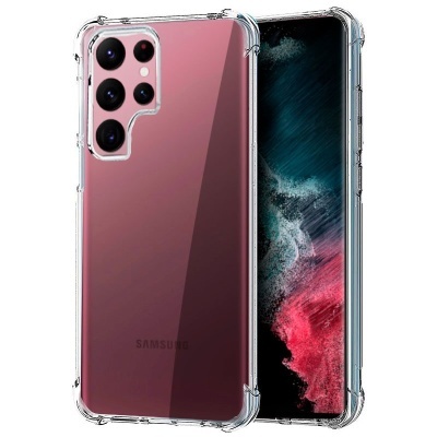 Smartphone Samsung vermelho com capa transparente e múltiplas câmaras