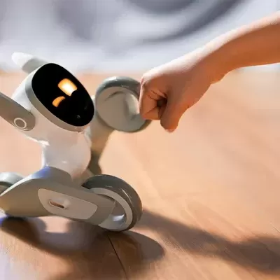 Robot branco e cinza com visor iluminado e roda dupla numa superfície de madeira