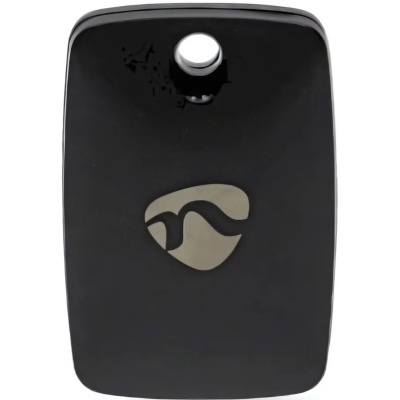 Objeto preto retangular com símbolo prateado e orifício no topo