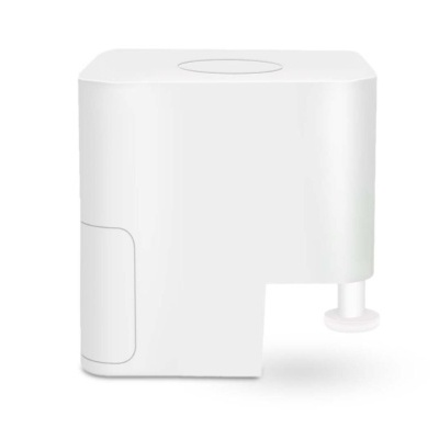 Dispositivo eletrónico branco com botão circular e suporte frontal