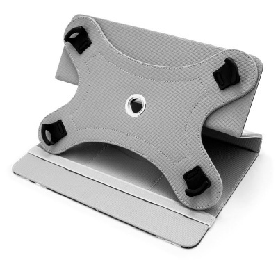 Suporte para tablet cinzento com grampos pretos e suporte ajustável