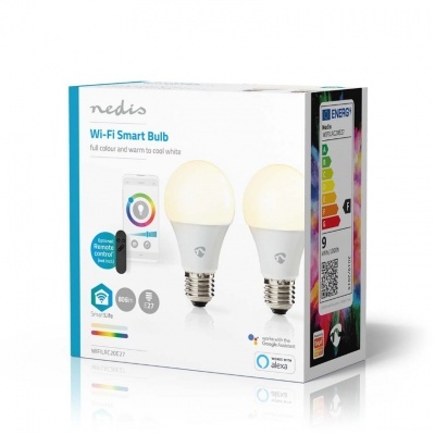 Embalagem com 2 lâmpadas Wi-Fi Smart Bulb n edi s, branca, formato bulbo, compatíveis com Google Assistant e Alexa.