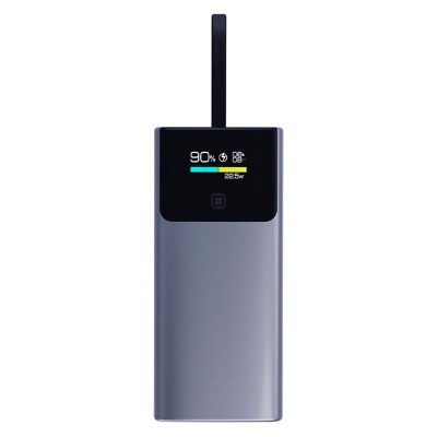 Carregador portátil cinza com ecrã digital e alça preta