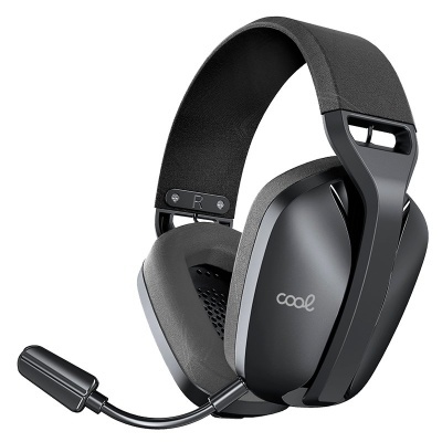 Auriculares negros e cinzentos com microfone flexível e almofadas acolchoadas da marca cool