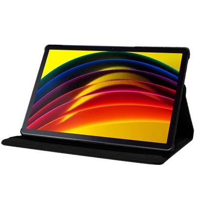 Tablet num suporte preto dobrável com ecrã colorido