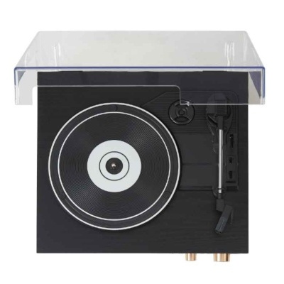 Gira-discos preto com tampa transparente