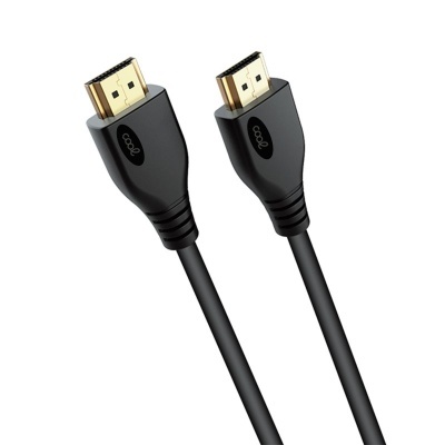 Cabo HDMI preto com conectores dourados e etiqueta 'cooQ'.