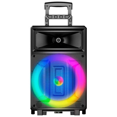 Coluna de som preta com luz LED colorida e alça retrátil.