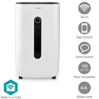 Desumidificador branco com painel frontal preto e texto explicativo