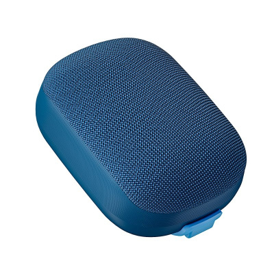 Altifalante Bluetooth azul portátil com tecido e fecho de plástico