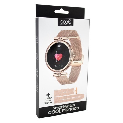 Embalagem de smartwatch COOL Mónaco com bracelete dourada rose e extra silicone